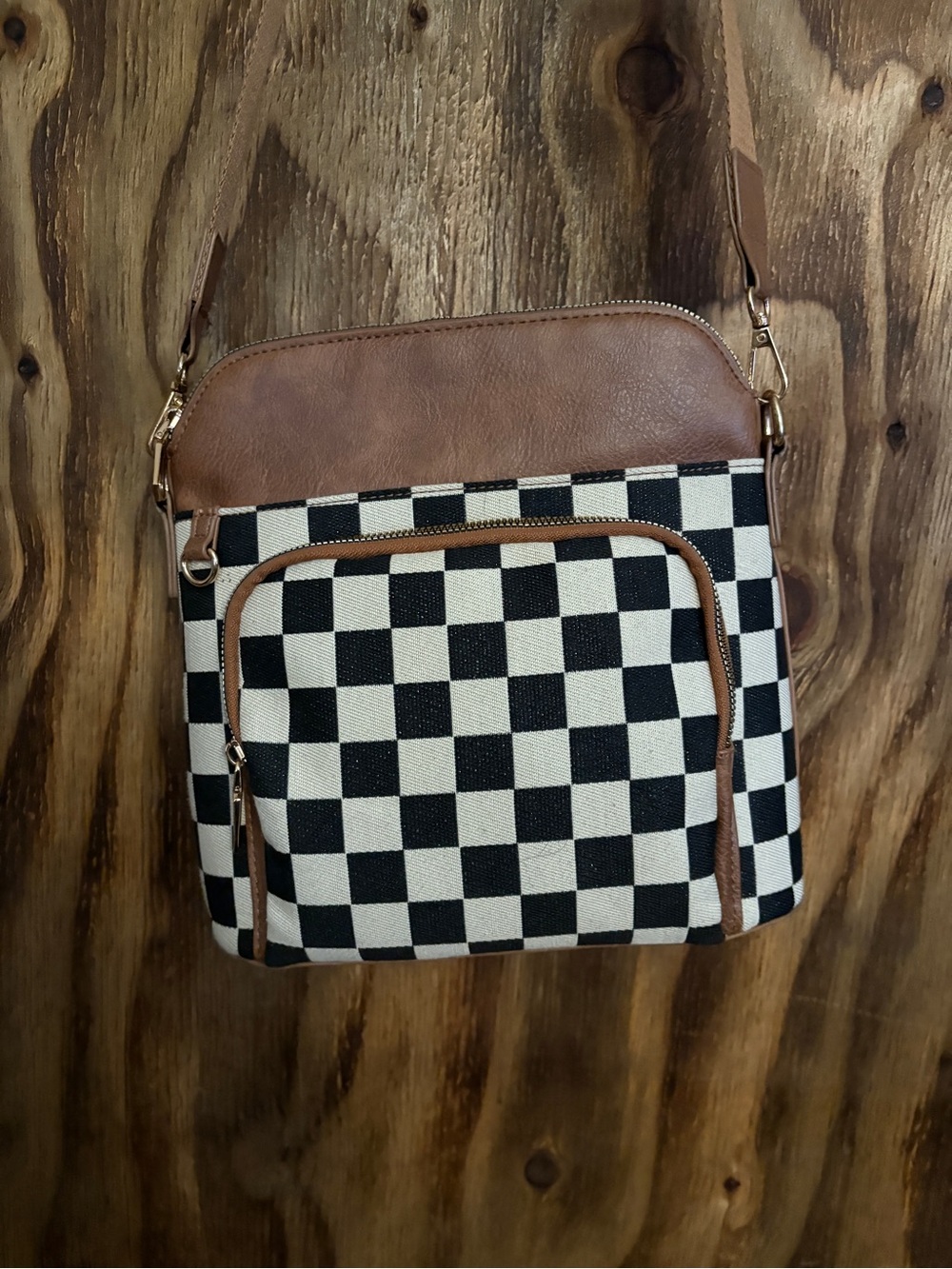 SHEIN Black and White Checkerboard Crossbody with Brown Trim